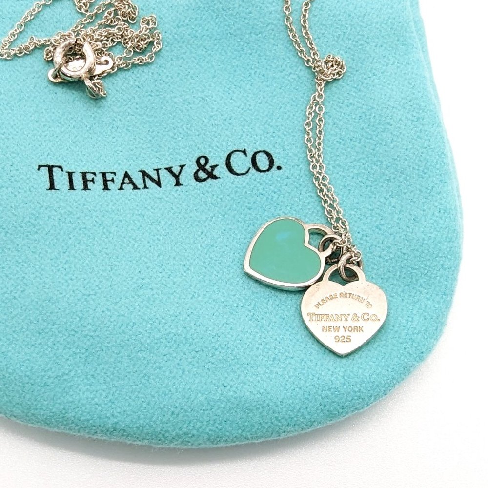 Tiffany & Co. Mini Double Heart Tag Necklace Blue Enamel With 16in Tiffany Chain